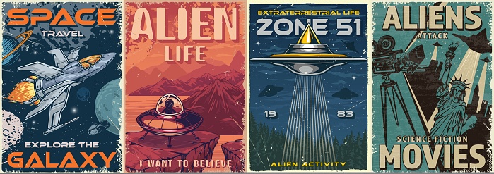 Aliens set colorful vintage posters with sci-fi space ship and UFO for space travel and exploration of universe vector illustration