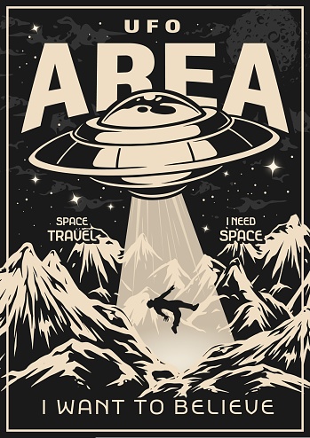 UFO area flyer vintage monochrome mystical incident with flying saucer kidnapping inhabitant of planet earth with laser light vector illustration