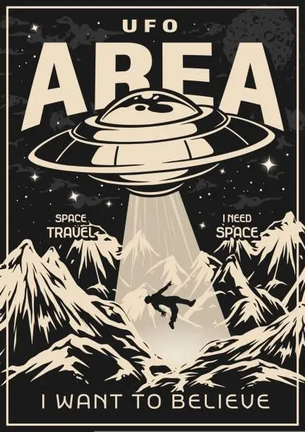 Vector illustration of UFO area flyer vintage monochrome