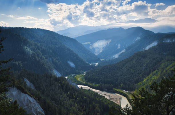 istock Panorama Rhine Gorge valley with river under blue sky 1421654129