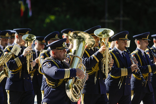 Bucharest, Romania - September 7, 2022: Romanian military band playing during a ceremony.