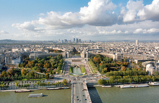 Paris, France - 1983: A vintage 1980's Fujifilm negative film scan of an aerial shot of the Paris skyline taken from the top of the Eiffel tower.