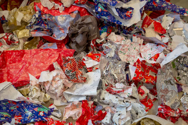 Christmas Aftermath Crumpled And Discarded Wrapping Paper christmas chaos stock pictures, royalty-free photos & images