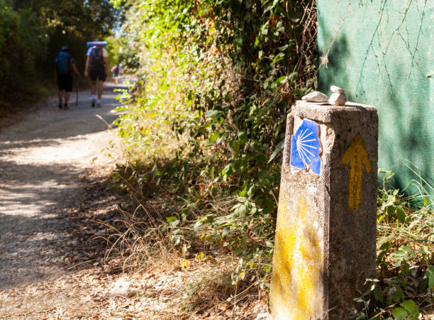 los peregrinos acaban de pasar por la concha de vieira amarilla firmando el camino de santiago de compostela en la ruta de peregrinación de santiago - group of people journey effort travel destinations fotografías e imágenes de stock