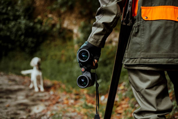 hunter standing on hunting ground hunter looking at hunting dog with binoculars and rifle on his shoulder animals hunting stock pictures, royalty-free photos & images
