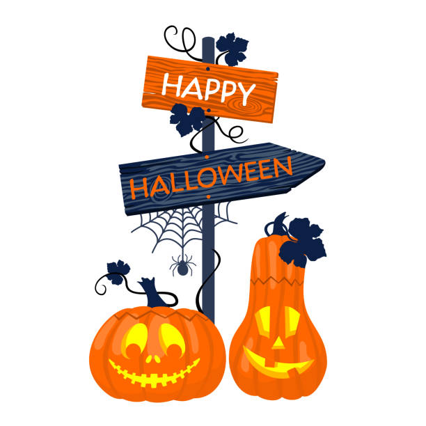 PUMPKINS POINTER HALLOWEEN Pumpkin lanterns with a wooden pointer and a HAPPY HALLOWEEN greeting. creep stock illustrations