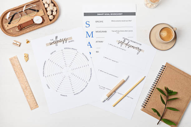 istock Desktop with life coaching templates and office accessories. Organization, self-development, online coaching concept. Top view, falt lay 1421660876