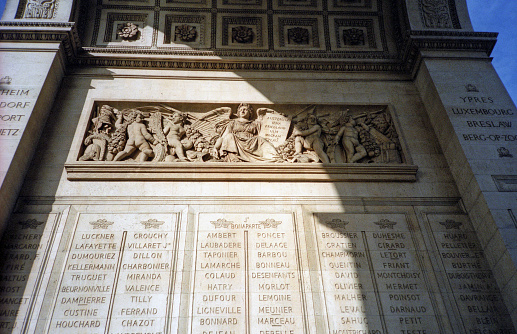 Paris, France - 1983: A vintage 1980's Fujifilm negative film scan of the inside wall under the the Arc de Triomphe in Paris, France on a bright clear blue sky day.
