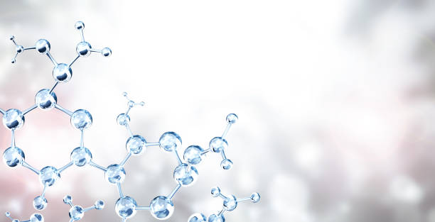 istock Horizontal banner with model of abstract molecular structure. Background of gray color with glass atom model 1421662024