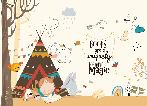 Cute Girl reading Book with Animals in a Teepee Tent in Autumn Park. Vector Illustration