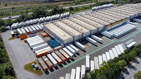 Distribution logistics building parking lot - aerial view