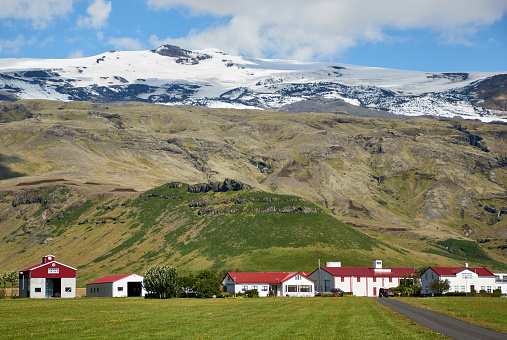 Thorvaldseyri farm beneath Eyjafjallajokull, Iceland, the volcano that erupted in 2010. The farm was destroyed and rebuilt.