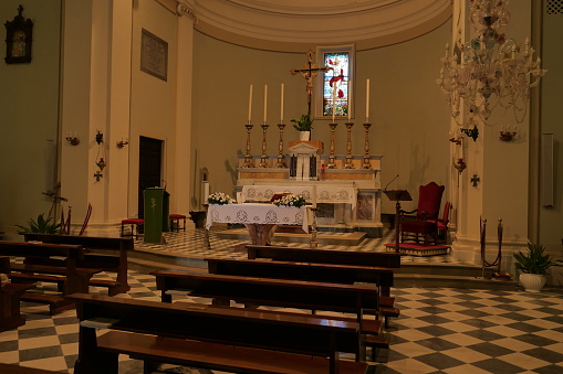 the interior of a white and grey Lutheran church Orslev, Denmark, August 9, 2021