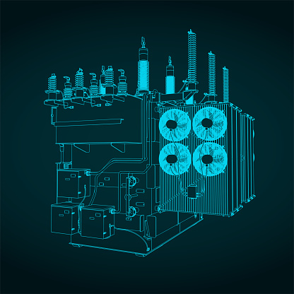 Stylized vector illustration of drawings of power transformer