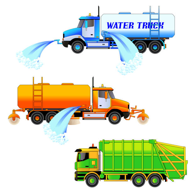 ilustraciones, imágenes clip art, dibujos animados e iconos de stock de máquinas de limpieza viaria - garbage truck truck engine isolated on white