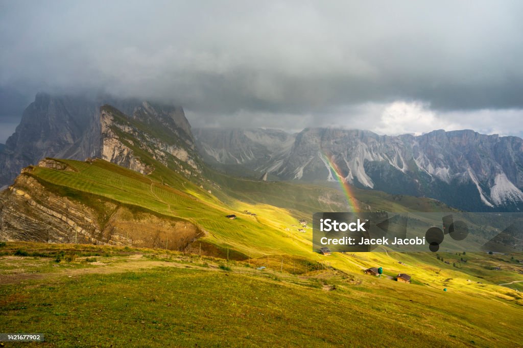 Rainbow over the Val Gardena. Dolomites. Alto Adige - Italy Stock Photo