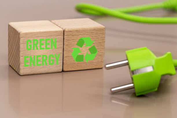 istock Green power plug, The concept of acquiring modern energy sources, environmentally friendly, Green energy written on a wooden block 1421682076