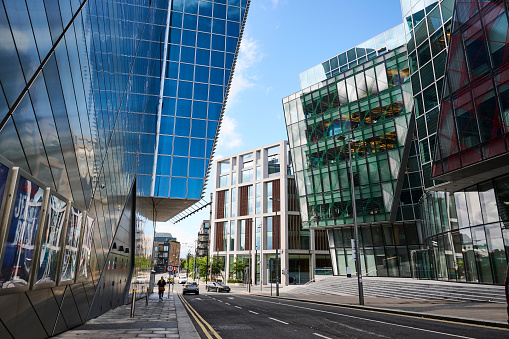 Tech company residence in the Docklands in Dublin. Most big tech firms have European head offices in Ireland Dublin due to low company taxes and the concentration makes it attractive for for new companies to join as educated people live there.