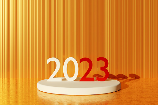 2023 new year, 2023 numbers standing on the pedestal podium platform with striped gold colored background