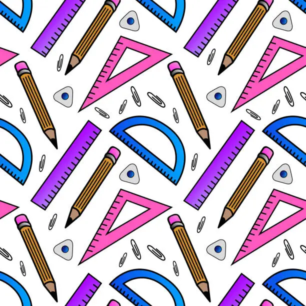 Vector illustration of Vector seamless pattern with school supplies, rulers, eraser, pencils. A template with school attributes. Vector illustration.Ideal for children's posters, packaging, textiles, web design, postcards.