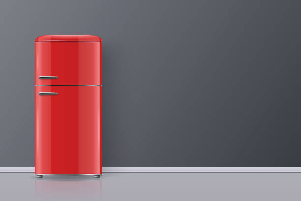 istock Vector Banner with 3d Realistic Glossy Red Retro Vintage Fridge Isolated. Vertical Simple Refrigerator. Closed Fridge. Design Template, Mockup of Fridge. Front View 1421686183
