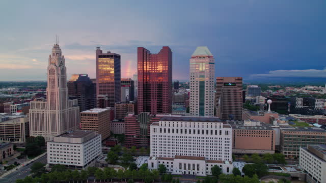 Drone Shot of Columbus, Ohio with Storm and Rainbow