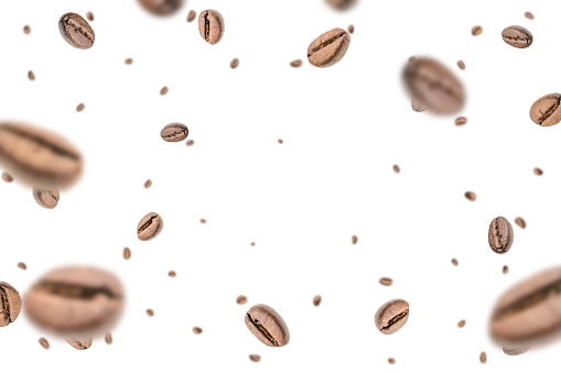 Coffee flying bean background. Black espresso grain falling. Rustic coffee bean fall on white background. Represent breakfast, energy, freshness or great aroma concept