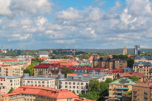 Gothenburg, Sweden - August, 2019: View on Gothenburg from Skansen Kronan, a fort in the popular Haga district on the Risåsberget hill.