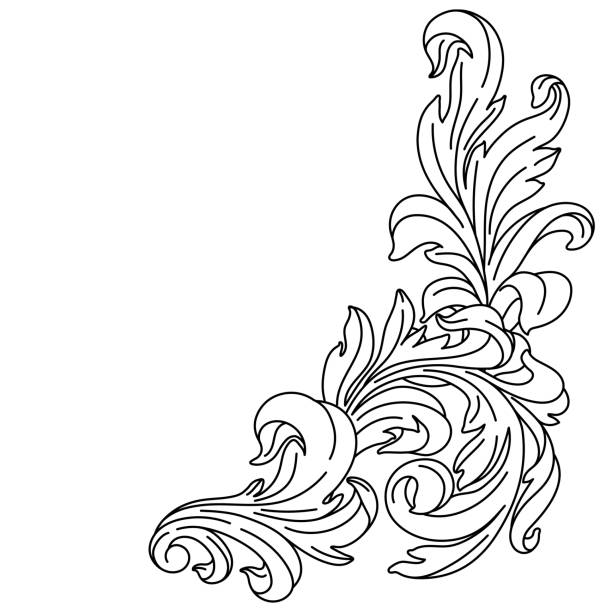 ilustrações, clipart, desenhos animados e ícones de canto floral decorativo em estilo barroco. planta de enrolamento preto gravada. - scroll shape corner victorian style silhouette