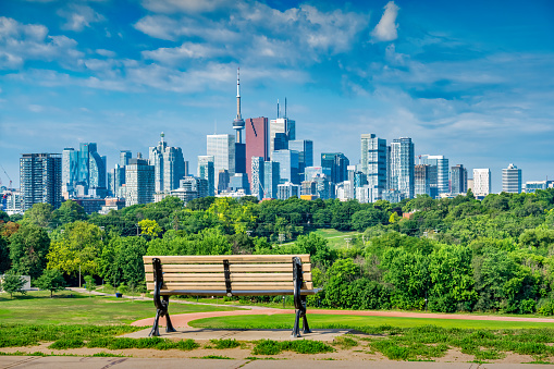 Skyline of Toronto, Ontario, Canada with green park trees in the foreground.
