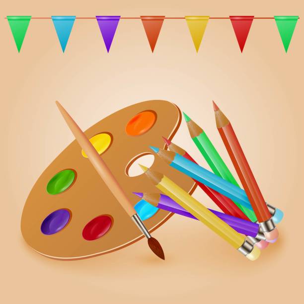 istock Colorful realistic drawing tools watercolor palette with brush and colored pencils. Pencil, palette, brush. Vector illustration. 1421693125