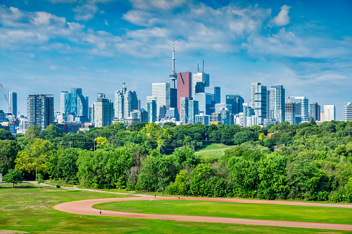 Skyline of Toronto, Ontario, Canada with green park trees in the foreground.