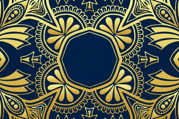 Vector illustration of Dark blue background, ethnic vintage cover design. Geometric elegant golden pattern, place for text, boho style. Abstract tribal ornaments of East, Asia, India, Mexico.