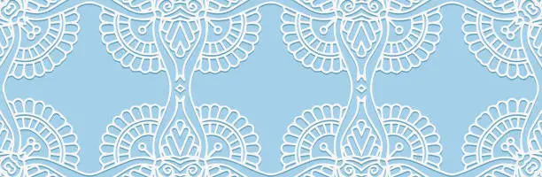 Vector illustration of Banner, cover design. Embossed ethnic vintage 3d pattern on a blue background, boho style, paper press, space for text. Tribal artistic ornaments of the East, Asia, India, Mexico.