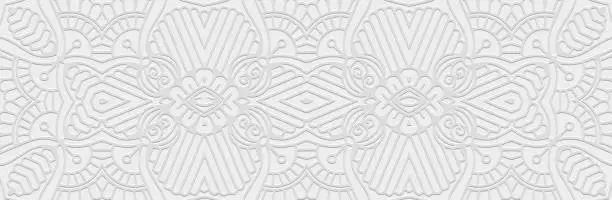 Vector illustration of Banner, cover design. Embossed ethnic vintage 3d pattern on a white background, boho style, paper press. Tribal traditional ornaments of East, Asia, India, Mexico.