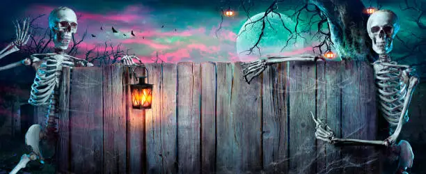Skeletons With Old Wooden Fence At Moonlight