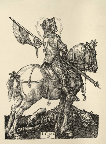 illustrazioni stock, clip art, cartoni animati e icone di tendenza di illustrazione vintage di albrecht dürer, san giorgio a cavallo in piedi sul drago, 16 ° secolo - st george dragon mythology horse