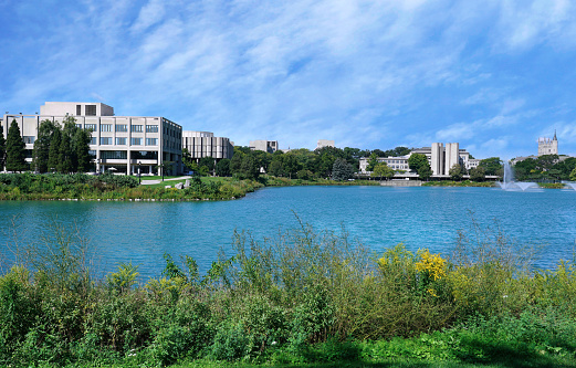 Evanston, IL, USA - August 30, 2022:  Northwestern University has an attractive natural setting just north of Chicago, on an inlet from Lake Michigan
