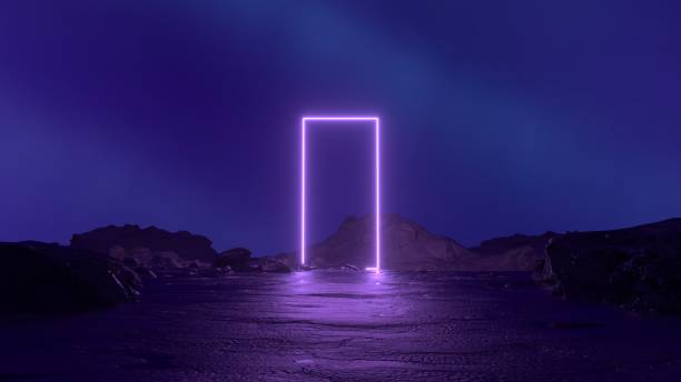 istock Mysterious cosmic landscape with rocks and neon purple square frame. Abstract sci fi geometric background. Futuristic concept. Virtual reality. Showcase scene for product presentation. 3d render 1421706269