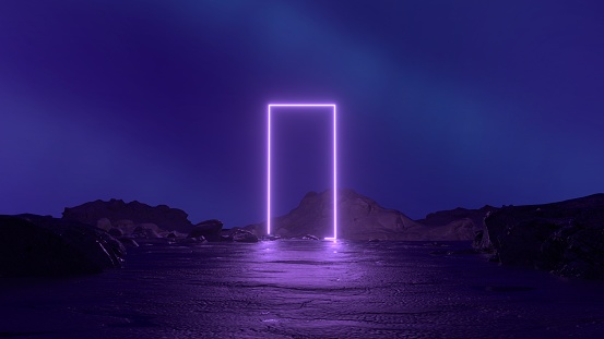 Mysterious cosmic landscape with rocks and neon purple square frame. Abstract sci fi geometric background. Futuristic concept. Virtual reality. Showcase scene for product presentation. 3d render