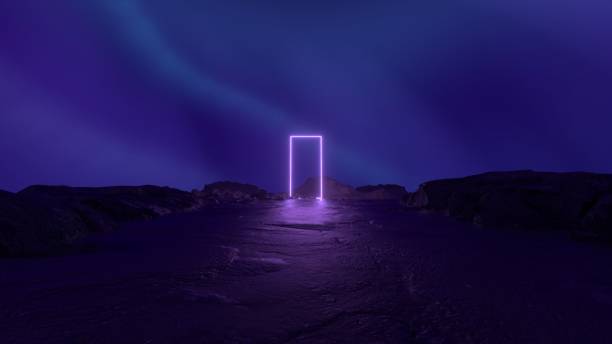 istock Mysterious cosmic landscape with rocks and neon purple square frame. Abstract sci fi geometric background. Futuristic concept. Virtual reality. Showcase scene for product presentation. 3d render 1421706278