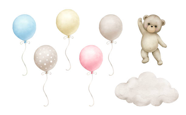 Teddy bear with air balloons. Teddy bear with air balloons.
Watercolor illustration isolated on white background. pink teddy bear stock illustrations