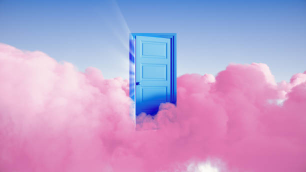 istock 3d rendering, abstract fairytale background, light rays shining through the opening blue door, pink clouds 1421712056