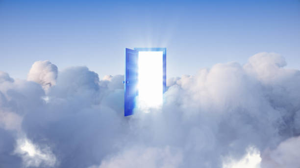 istock 3d render, heaven with bright light, open door and clouds in the sky. Spiritual background 1421712064