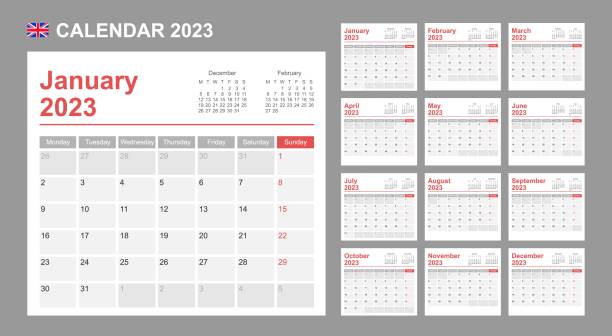 2023年の英国カレンダー。週は月曜日に始まります。シンプルなベクターテンプレート。ビジネスデザインプランナー。 - calendar september personal organizer event点のイラスト素材／クリップアート素材／マンガ素材／アイコン素材