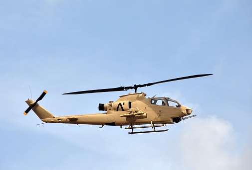 Side view of Vietnam War era American helicopter seen in flight