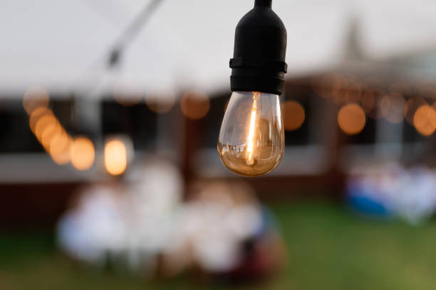istock Close up many yellow lamp in cafe at night 1421719907