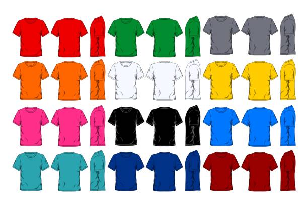 bunte t-shirt-vorlage vorderseite, rückseite und seitenansicht - t shirt stock-grafiken, -clipart, -cartoons und -symbole