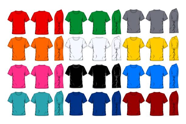illustrations, cliparts, dessins animés et icônes de modèle de t-shirt coloré avant arrière et vue latérale - t shirt shirt pink blank