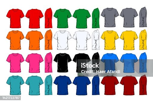 istock Colorful t shirt template front back and side view 1421722787